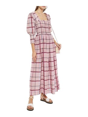 Ganni Pink Checked Shirred Cotton Silk Blend Maxi Dress