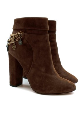 Aquazzura Brown Suede High Heel Ankle Boots with Medallion Chain