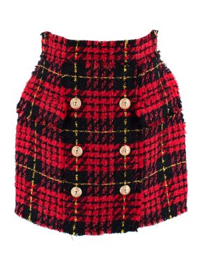 Balmain Red & Black Tweed Skirt with Golden Buttons
