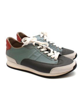 Hermes Blue-Grey Contrast Miles Leather Low-Top Sneakers