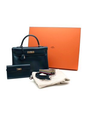 Hermes Kelly Retourne 35 & Kelly Long Wallet in Blue Prussian Box Calf PHW