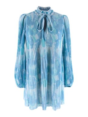 Ganni Blue Watercolor Pleated Long Sleeve Dress