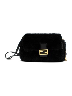 Fendi Black Micro Shearling Fur Baguette Bag