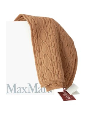 Max Mara Camel Embellished Cable Knit Wool Scarf