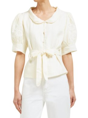 Innika Choo Cream Linen Floral Embroidered Blouse