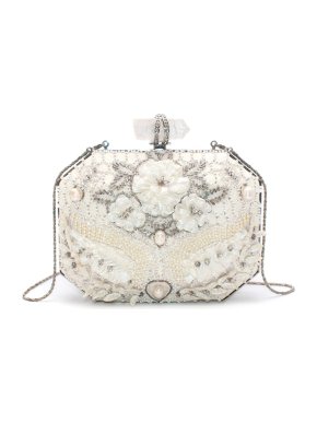 Marchesa White Iris Embellished Leather Box Clutch Bag