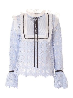 Self Portrait Blue Guipere Lace Lace-Up Blouse