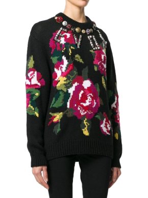 Dolce & Gabbana Floral Embroidered Wool Blend Embellished Jumper