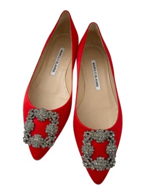 Manolo Blahnik red satin hangisi flat pumps