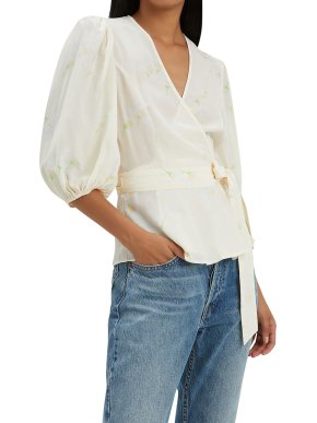 Ganni pale yellow floral warp top