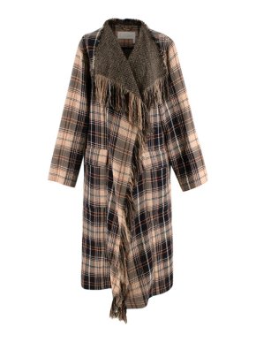 Chloe Beige and Brown Checked Fringe Detail Coat