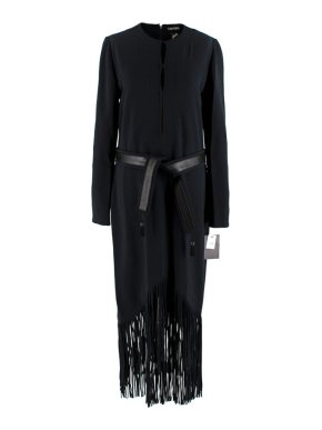 Tom Ford Black Long Fringed Dress with Leather Belt