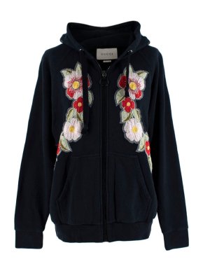 Gucci Black Floral Embroidered Zip-Up Hoodie