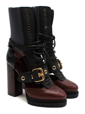 Burberry Burgundy & Black Lace-up Leather Heeled Boots