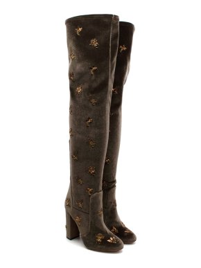 Aquazzura Taupe Velvet Gold Embroidered Thigh High Boots