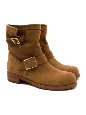 Jimmy Choo Tan Suede Buckled Youth Biker Boots