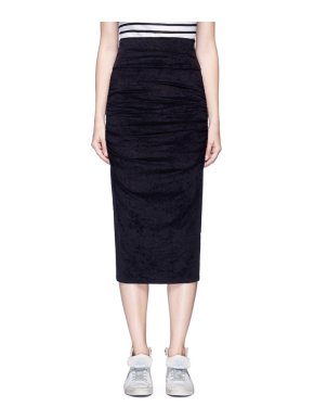 James Perse Black Ruched Velvet Midi Skirt
