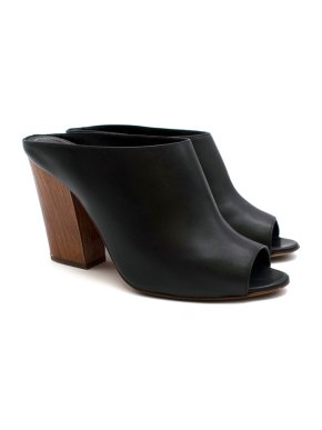 Sergio Rossi Black Leather Peep Toe Block Heel Mules