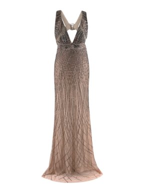 Roberto Cavalli Nude Gown with Gold Beading