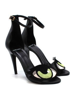 Pierre Hardy Black Leather Heeled Sandals with Calf Hair Eye Detail