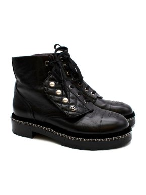 Chanel Black Patent Pearl Embellished Velvet & Chain Trim Combat Boots