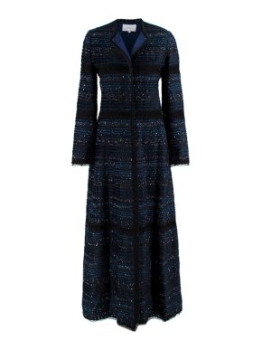 Luisa Beccaria Navy Tweed Lace Applique Longline Coat