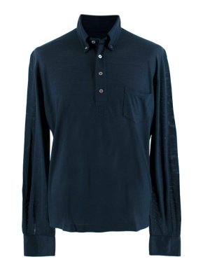 Fedeli Navy Wool Long-Sleeve Polo Shirt