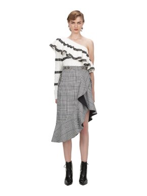 Self Portrait Black & White Check Flounced Midi Skirt