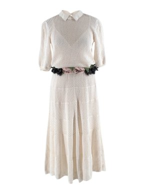 Valentino Ivory Crochet Knitted Dress with Flower Knit Belt