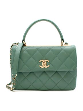 Chanel Green Lambskin Flap Top Handle Bag with Golden Hardware