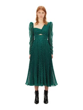 Self Portrait Dark Green Plumetis Midi Dress