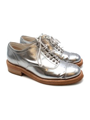 Chanel Metallic Silver Leather CC Brogues