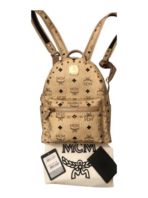 MCM Beige Grained Leather Studded Logo Backpack