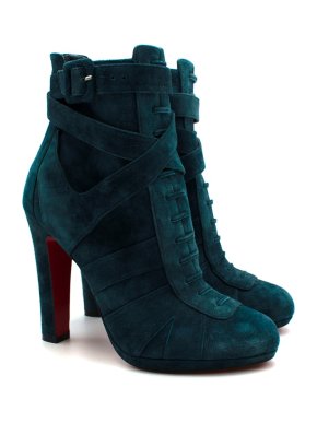 Christian Louboutin Teal Suede Lace-Up Ankle Boots