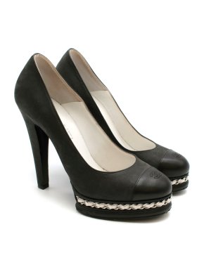 Chanel Black Leather CC Pumps with Chain Detail