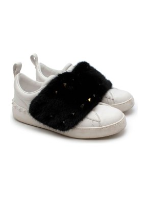 Valentino Mink-fur Rockstud low-top leather trainers