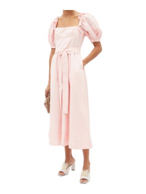 Self Portrait Pink Belted puff-sleeve taffeta midi dress