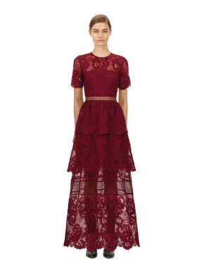 Self Portrait Berry Lace Guipure Tiered Maxi Dress
