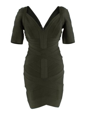 Herve Leger Forest Green Bandage Short Sleeve Mini Dress