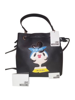 Love Moschino Black Leather Bucket Bag with Patch