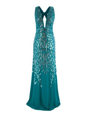 Roberto Cavalli Teal Sequin Embellished Sleeveless Gown