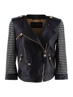 Versace Black Leather Lasercut Asymmetric Biker Jacket