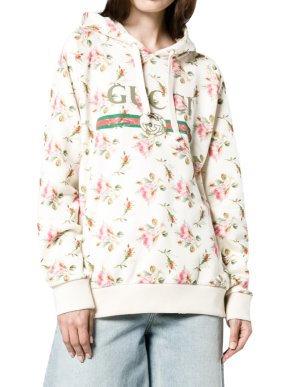 Gucci Ivory Rose Print Fake Logo Distressed Hoodie