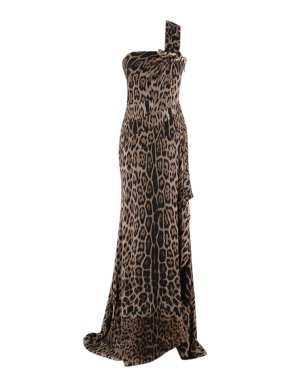 Roberto Cavalli Leopard Print One Shoulder Draped Gown