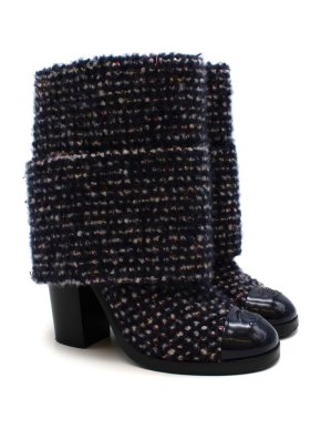 Chanel Navy & White Cashmere blend Tweed Ankle CC Boots