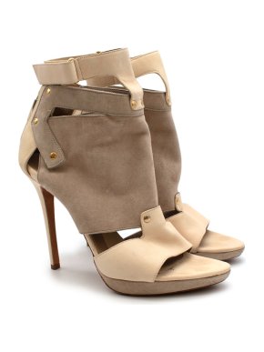 Herve Leger Beige Leather & Suede Cut-out Heeled Sandals