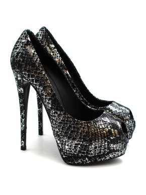 Giuseppe Zanotti Black & Silver Snakeskin Print Peep Toe