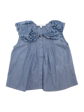 Chloe Blue Striped Pleated Top with Embroidered Collar