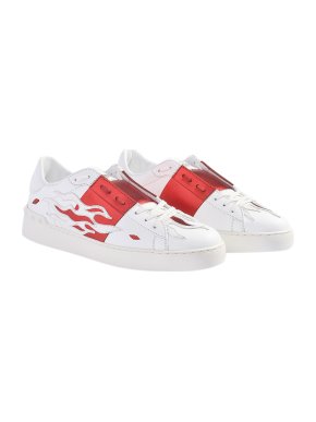Valentino Flame Open Sneakers in White and Red Calfskin