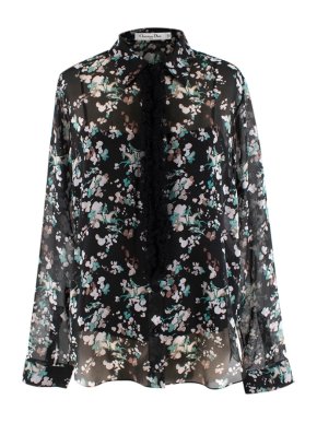 Christian Dior Floral Print Sheer Ruffle Trim Blouse